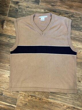 Smith & Watkins Cotton Sweater Vest | Tan Stripe V-Neck | Size XL Preppy Minimal